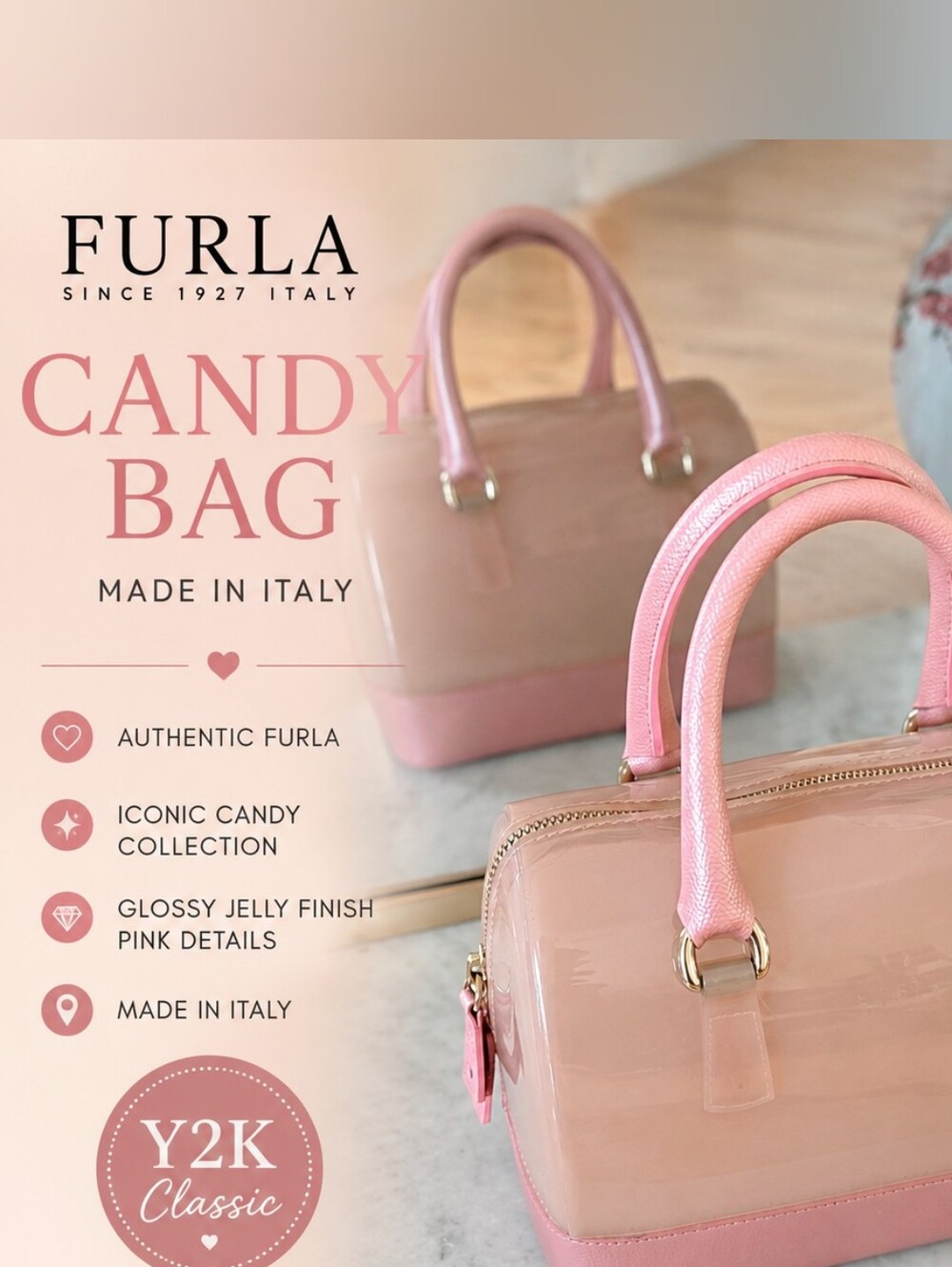 Furla Candy Bag Blush Pink Jelly Satchel | Pink Leather Handles | Made in Italy
